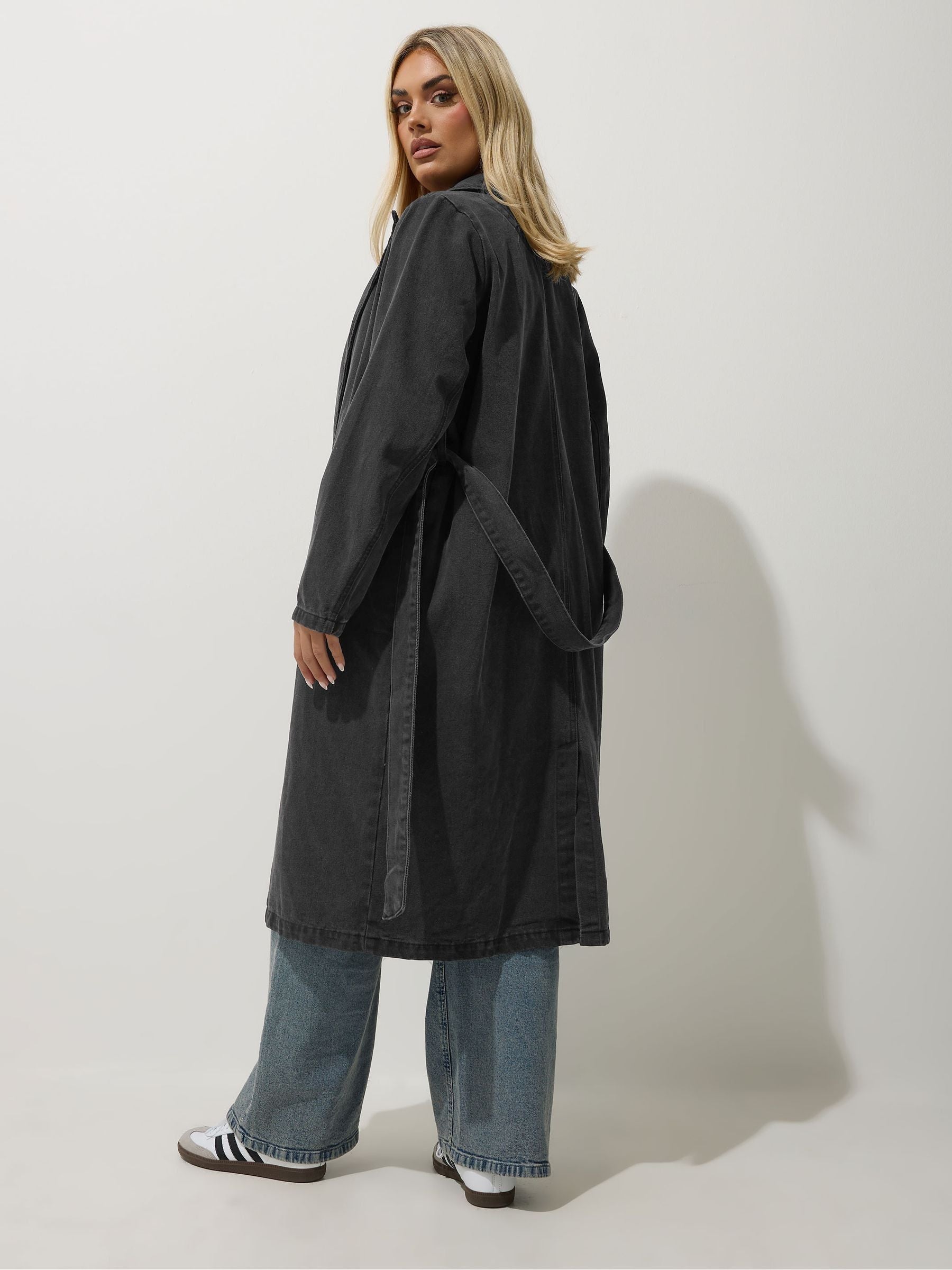 Women's Curve Black Longline Denim Trench Coat