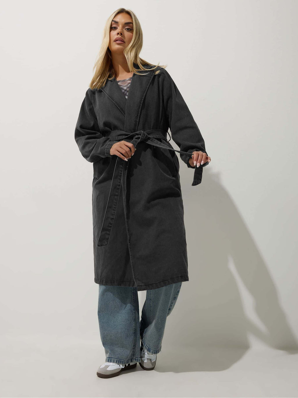 Women's Curve Black Longline Denim Trench Coat