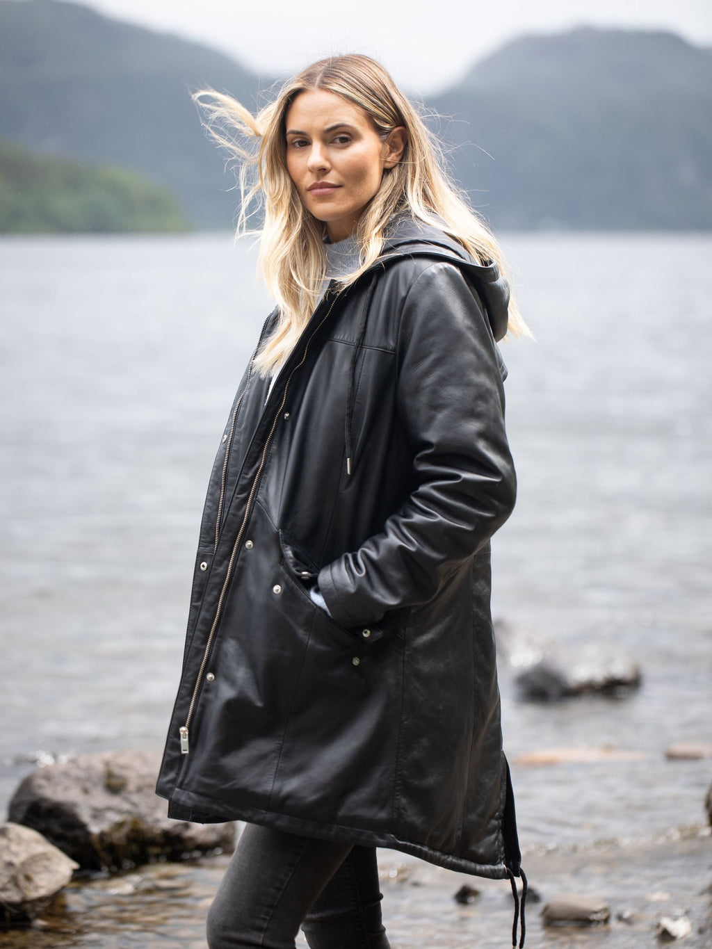 Women's Custom Fit Black Hooded Leather Coat