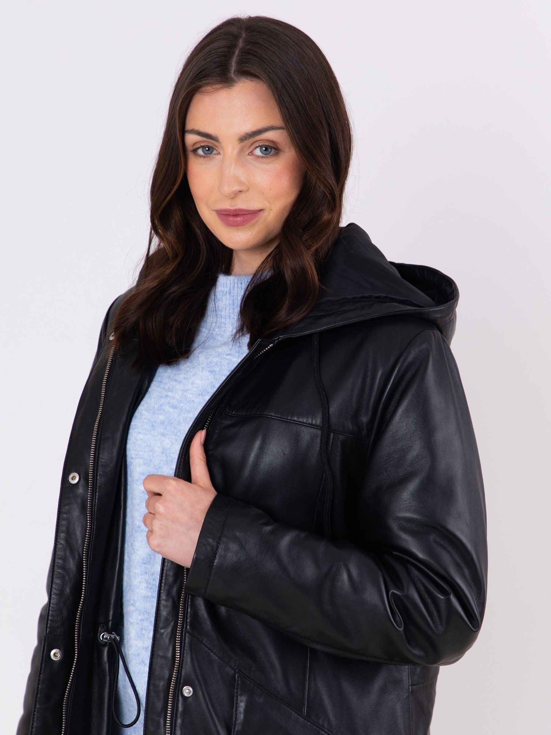 Women's Custom Fit Black Hooded Leather Coat