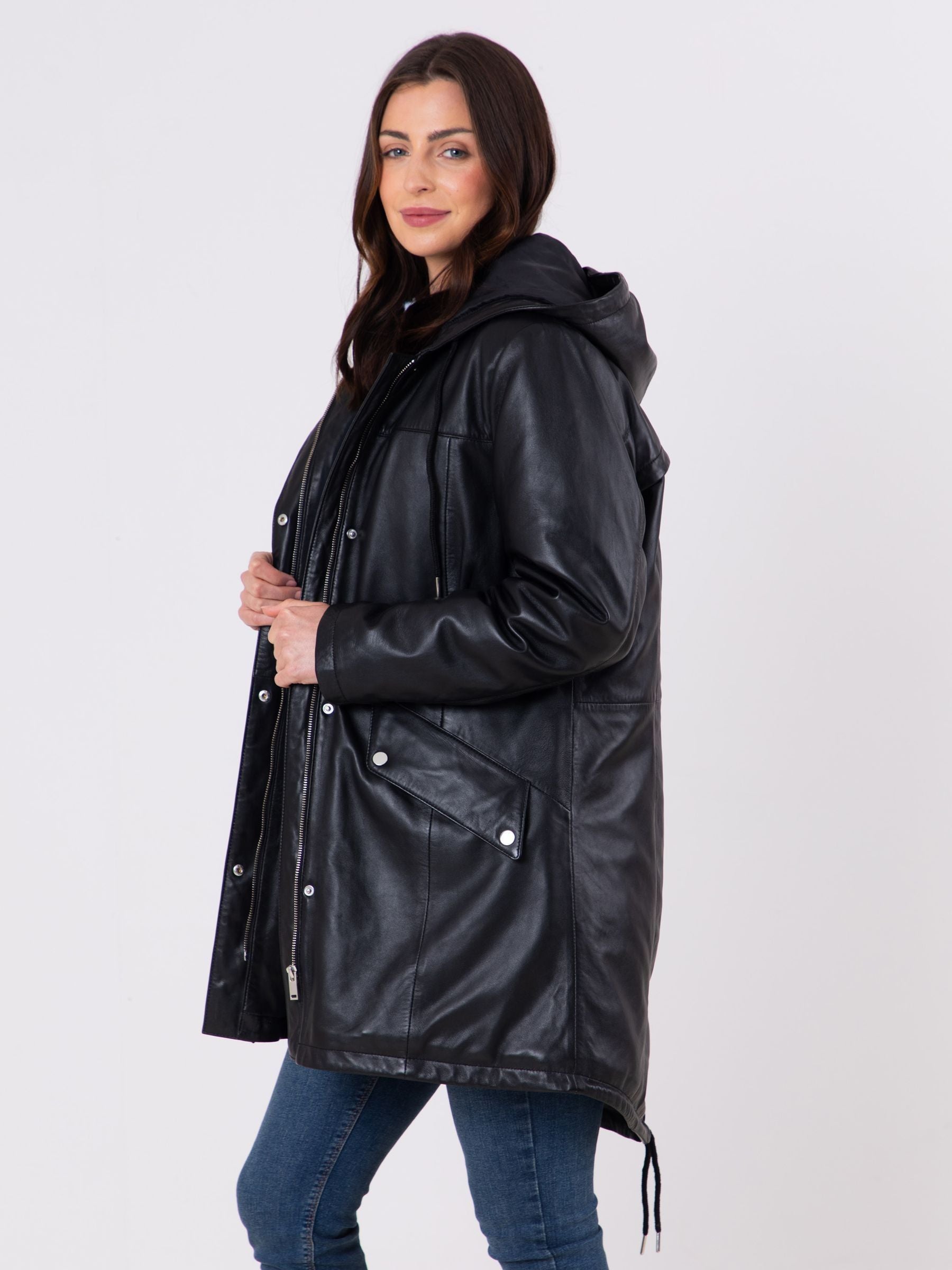 Women's Custom Fit Black Hooded Leather Coat