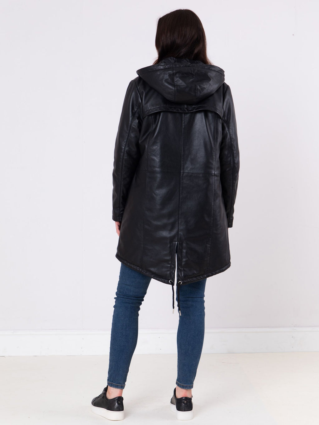 Women's Custom Fit Black Hooded Leather Coat
