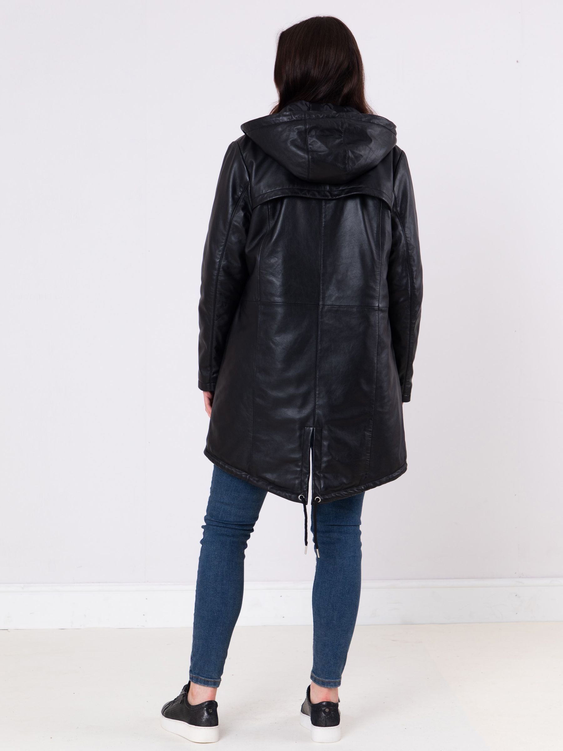 Women's Custom Fit Black Hooded Leather Coat