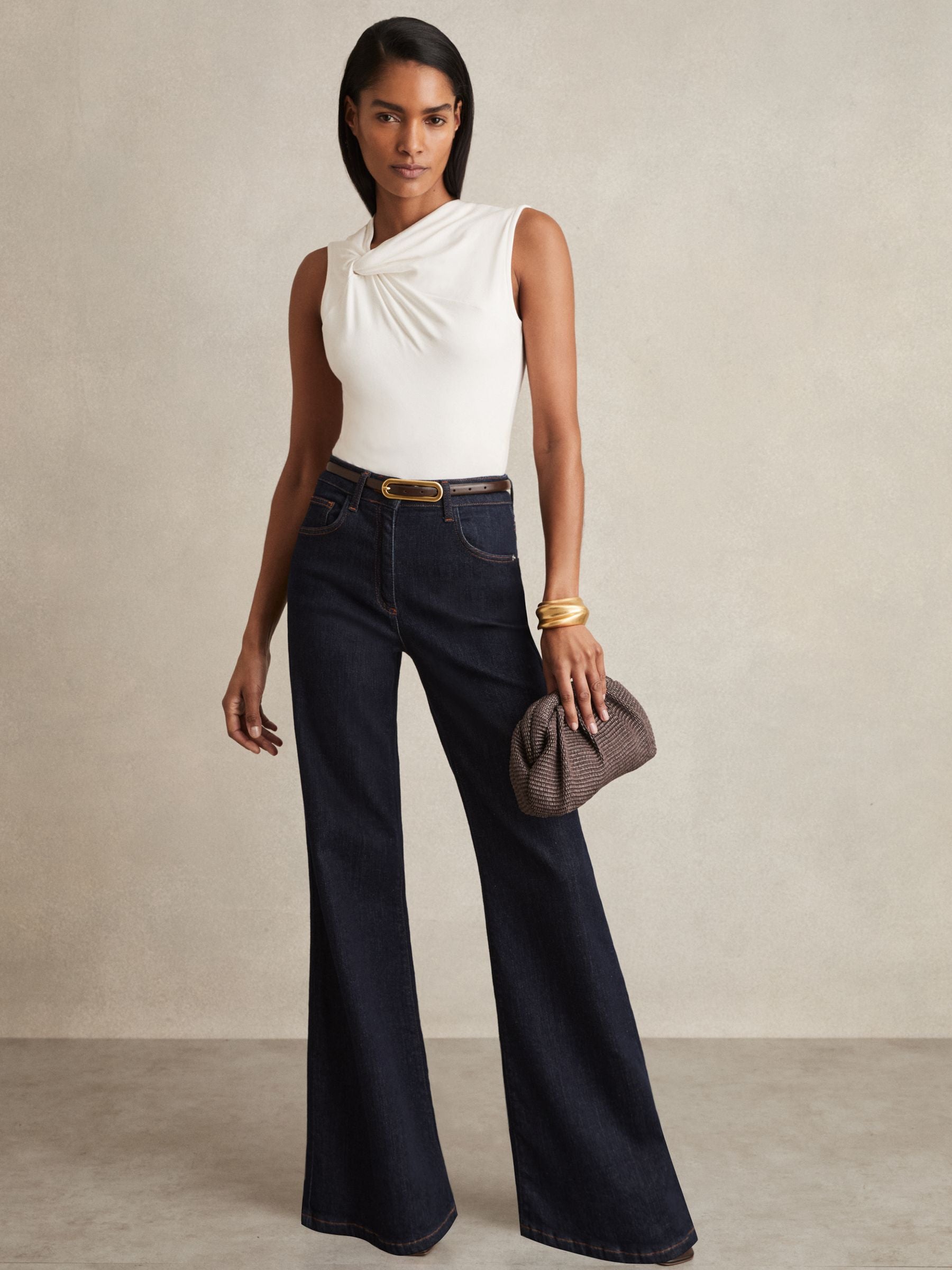 Women's Dark Blue Mid-Rise Flared Pants