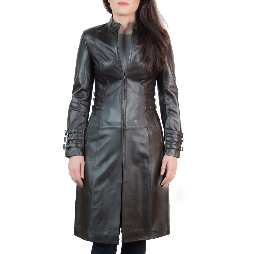 Women's Dark Brown 7/8th length Leather Trench Coat