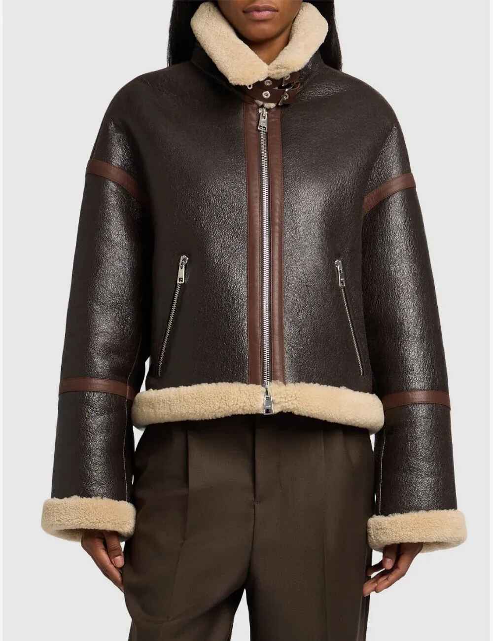 Women’s Dark Brown Ami Paris Leather Shearling Jacket