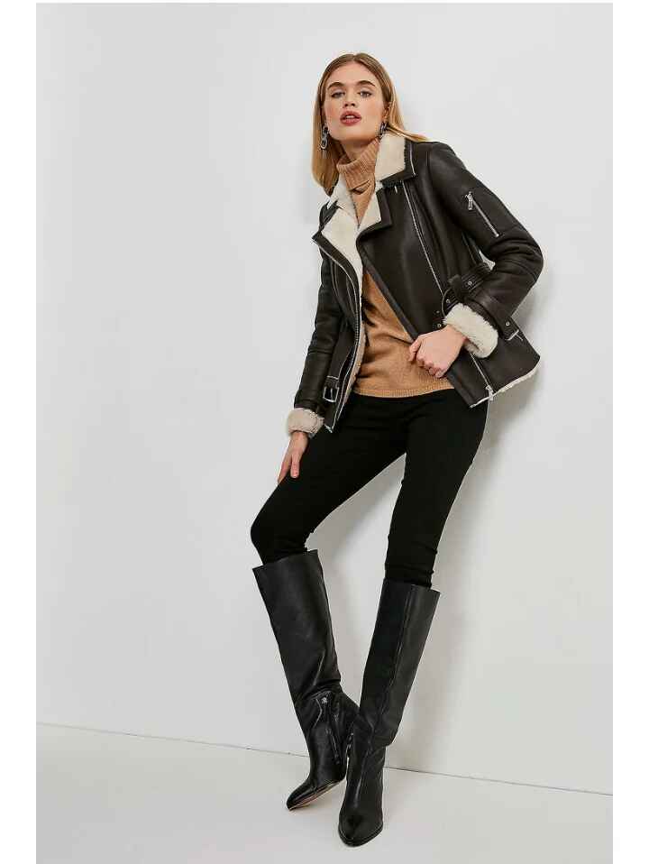 Women’s Dark Brown Collared Leather White Shearling Jacket