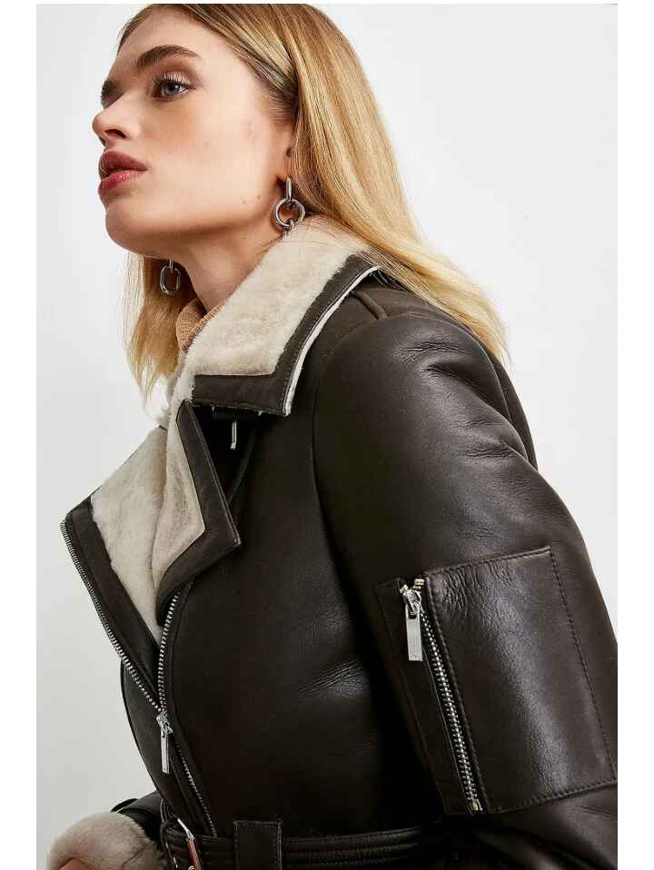 Women’s Dark Brown Collared Leather White Shearling Jacket
