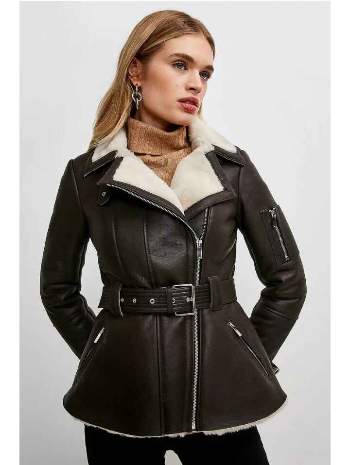 Women’s Dark Brown Collared Leather White Shearling Jacket