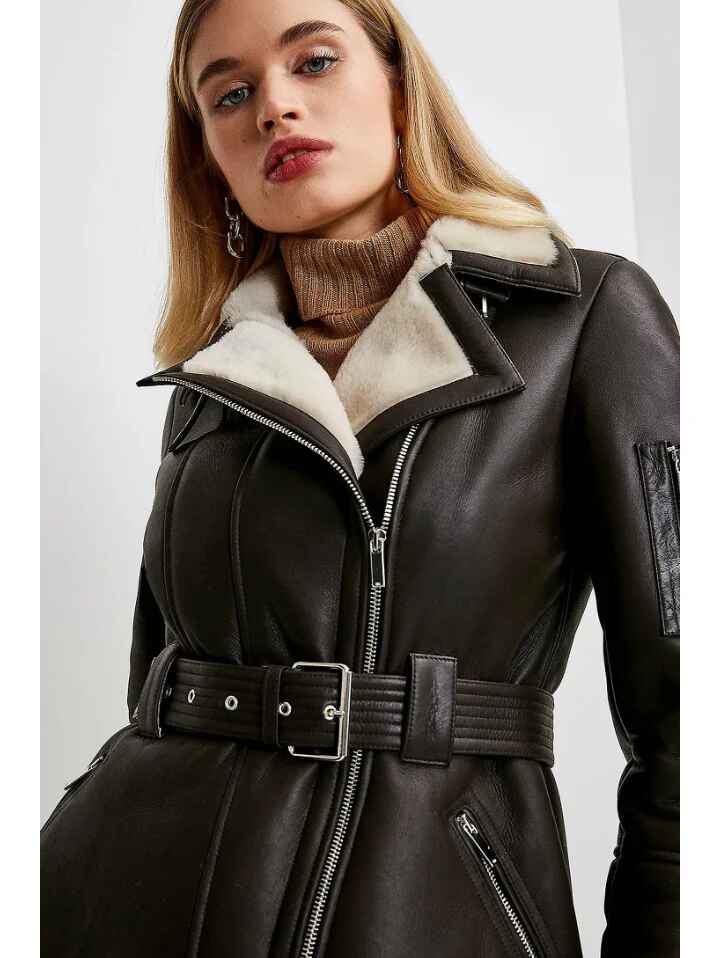 Women’s Dark Brown Collared Leather White Shearling Jacket