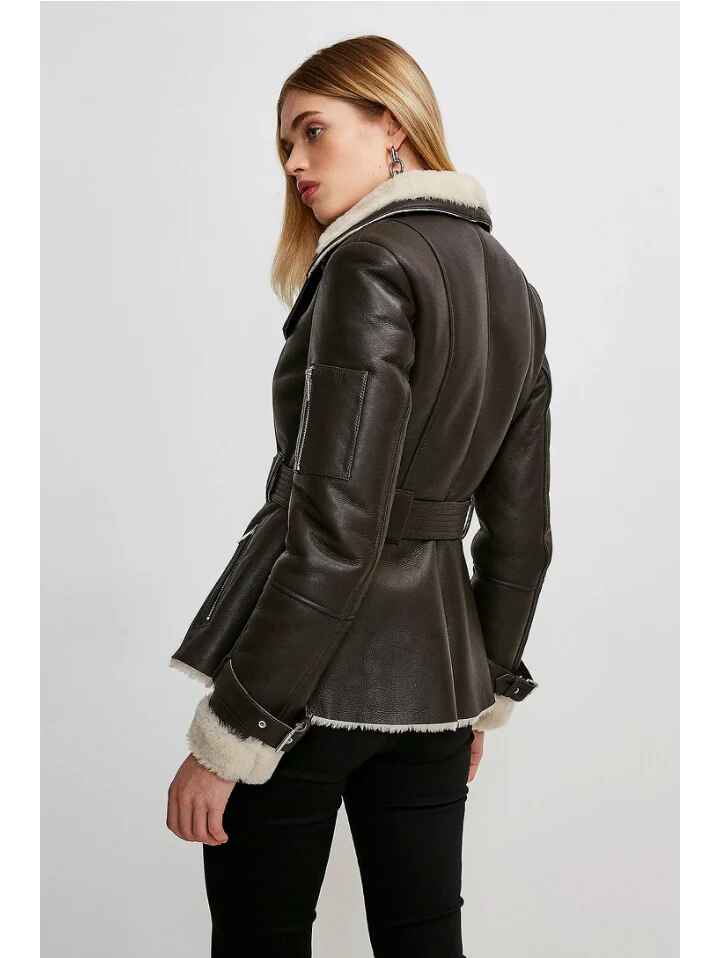 Women’s Dark Brown Collared Leather White Shearling Jacket