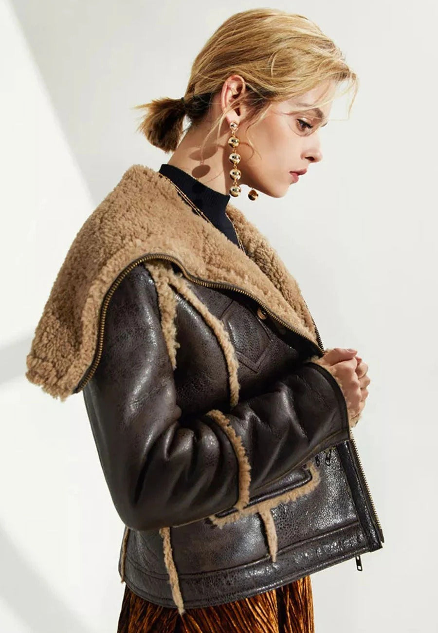 Women’s Dark Brown Long Collar Leather Shearling Jacket