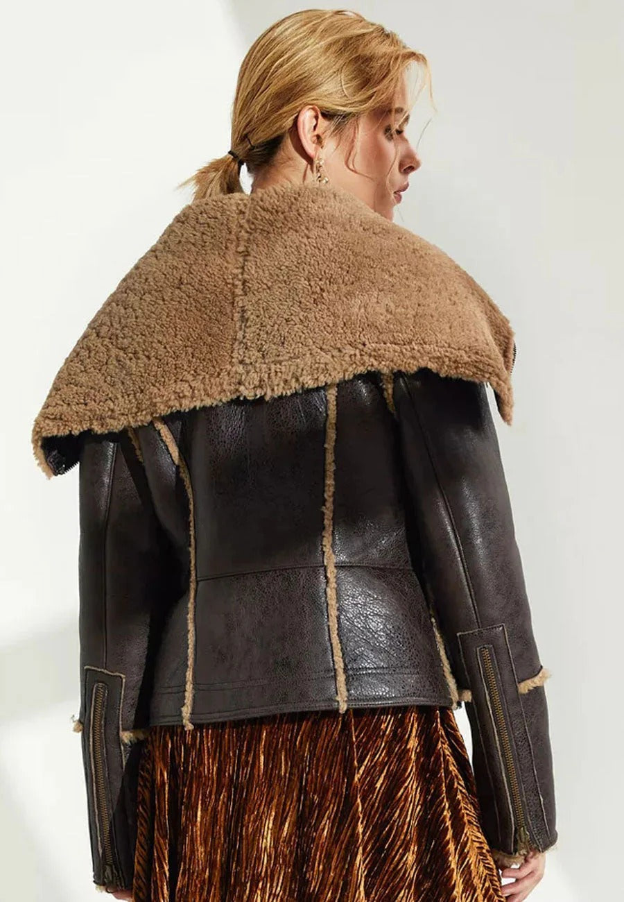 Women’s Dark Brown Long Collar Leather Shearling Jacket