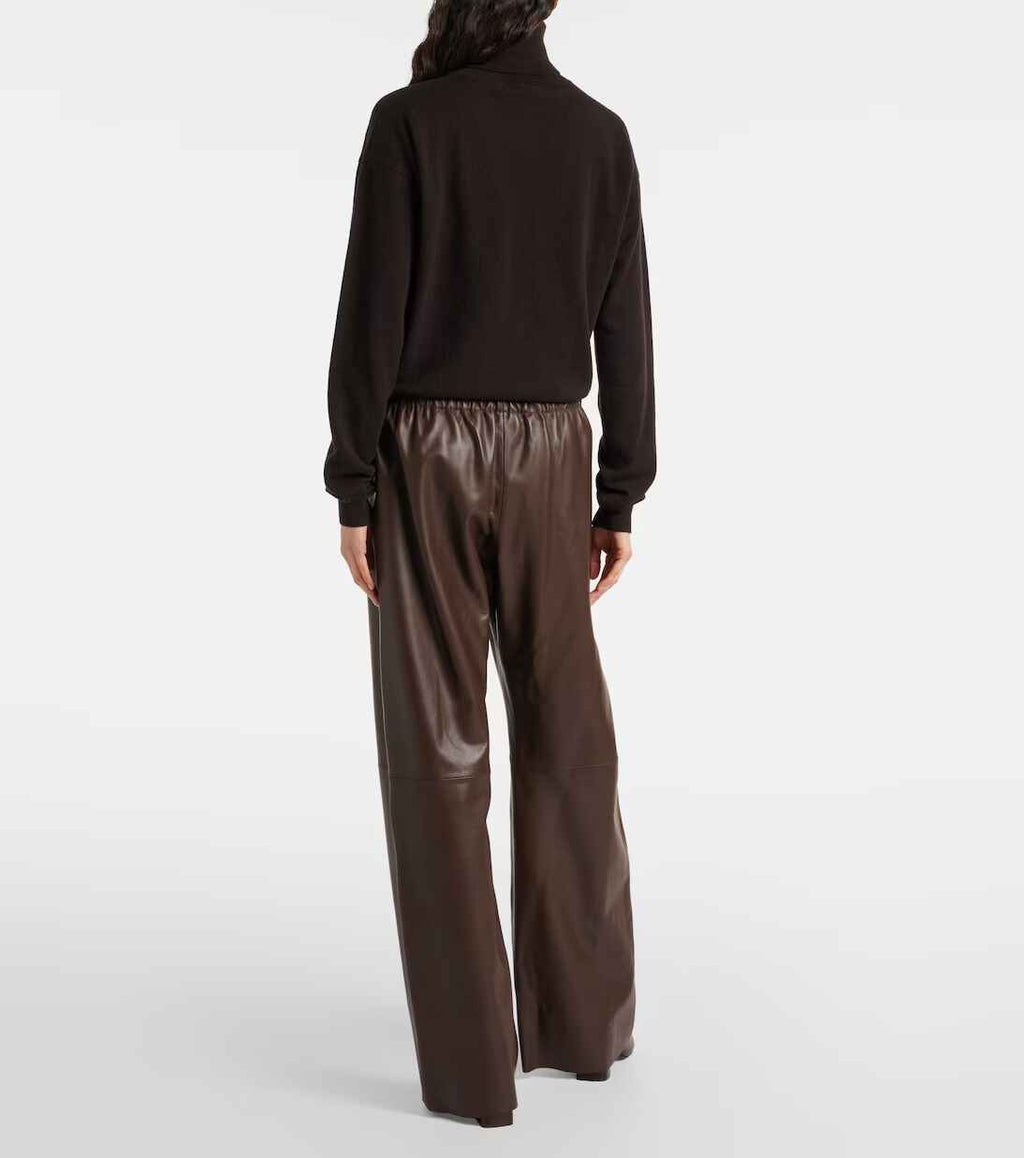 Women's Dark Brown Olan Wide Leg Leather Pants