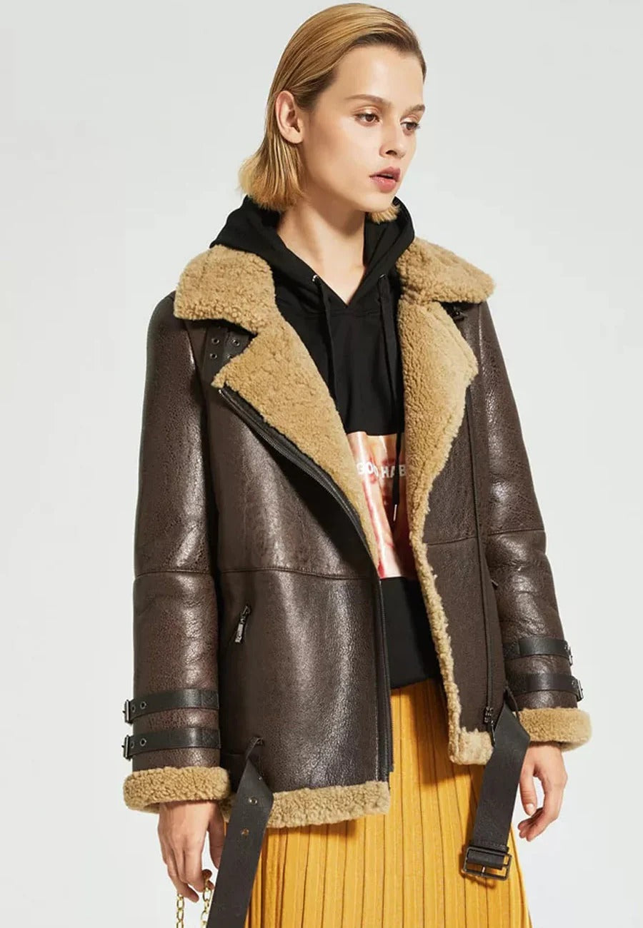 Women’s Dark Brown One Inner Pocket Leather Shearling Long Fur Coat