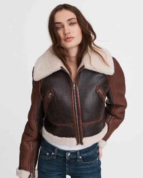 Dunkelbraune Damen-Lederjacke aus Schaffell mit Oversize-Kragen