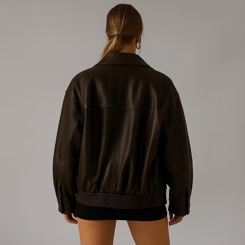 Women’s Dark Brown Oversized Relaxed Fit Pure Leather Jacket