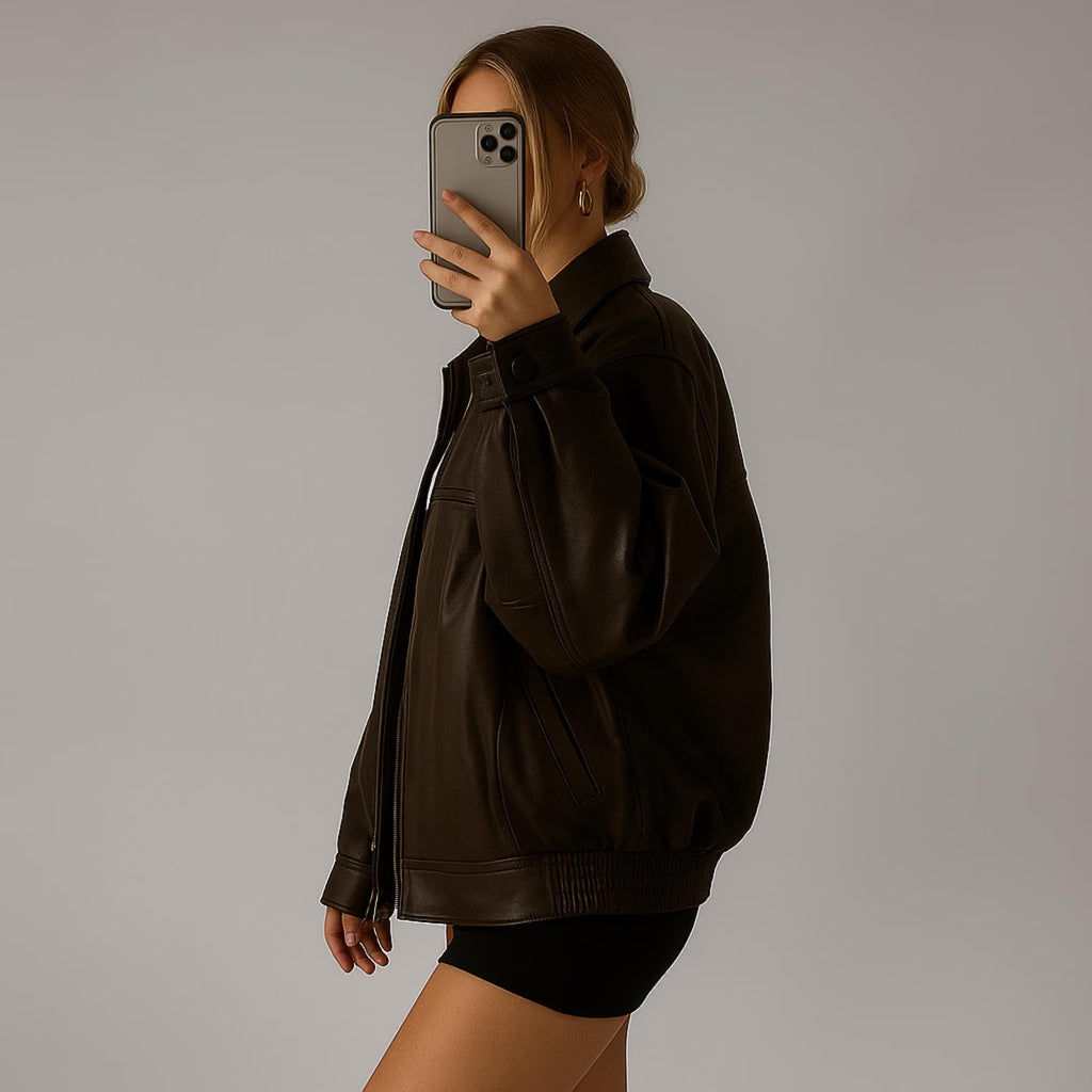 Women’s Dark Brown Oversized Relaxed Fit Pure Leather Jacket