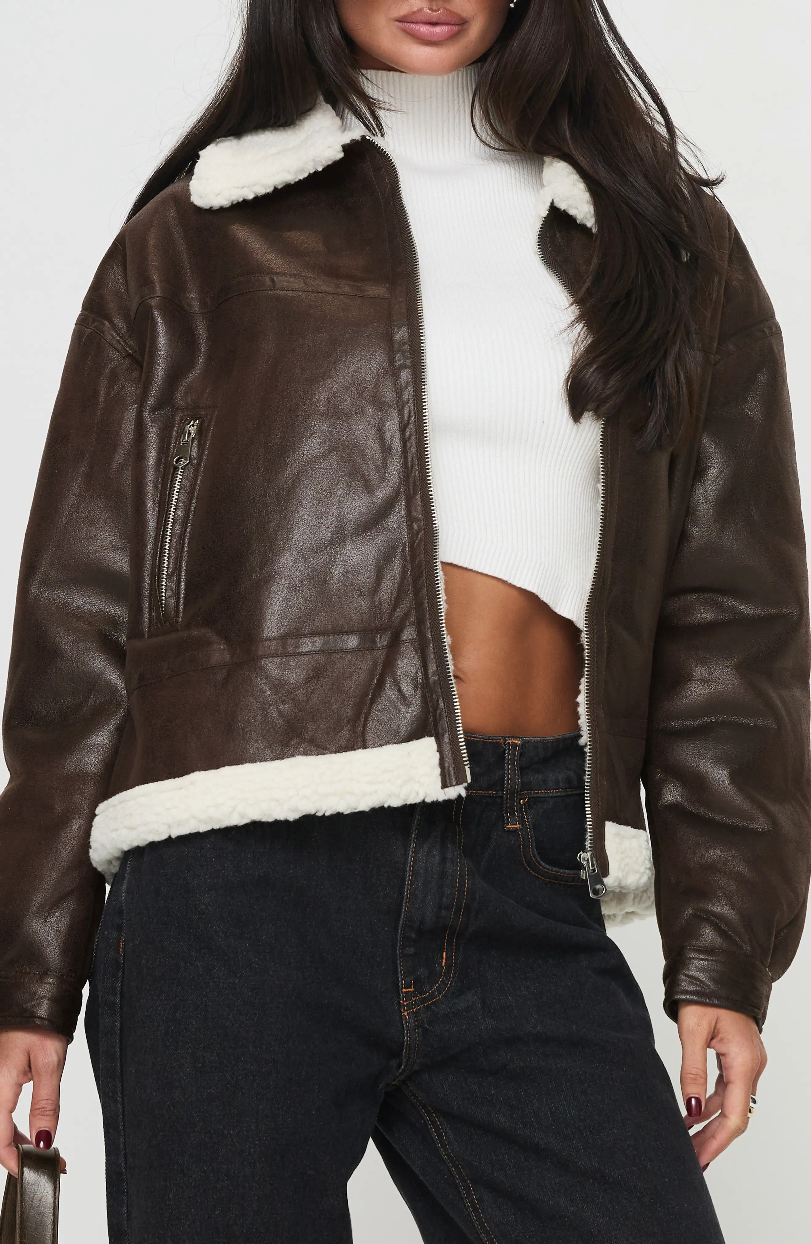 Women's Dark Brown Solara Faux Shearling Leather Jacket