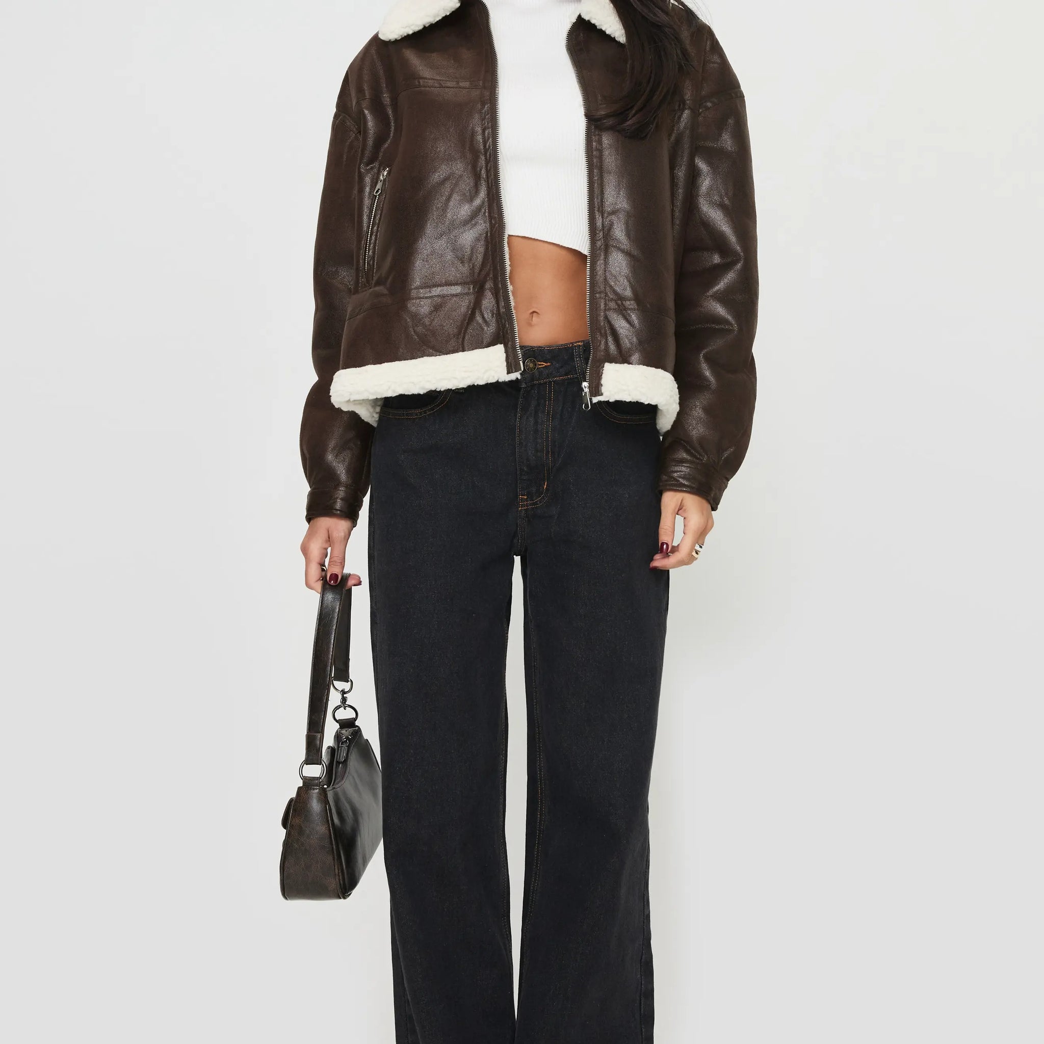 Dunkelbraune Solara-Lederjacke aus Kunst-Lammfell für Damen