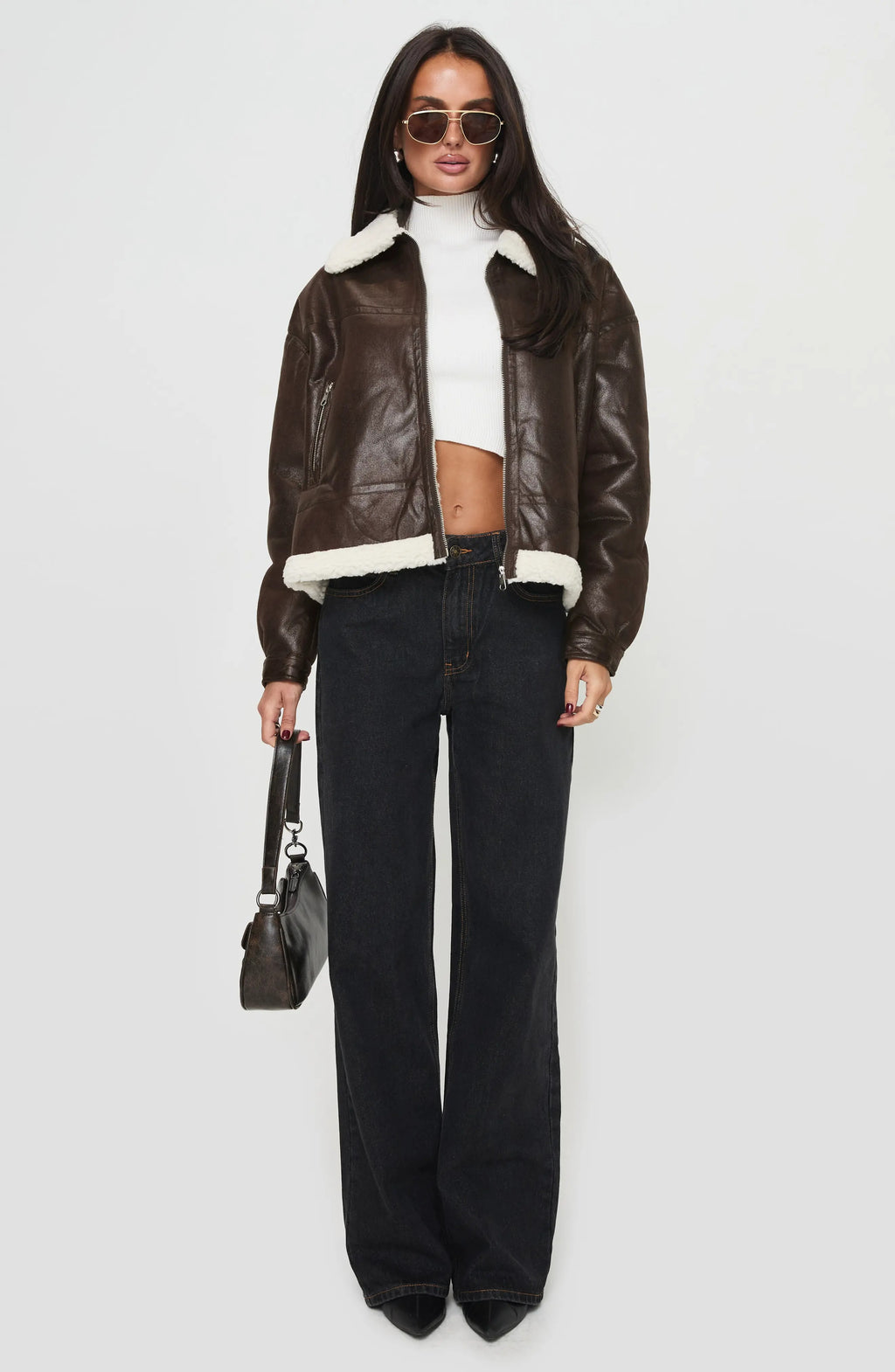 Women's Dark Brown Solara Faux Shearling Leather Jacket