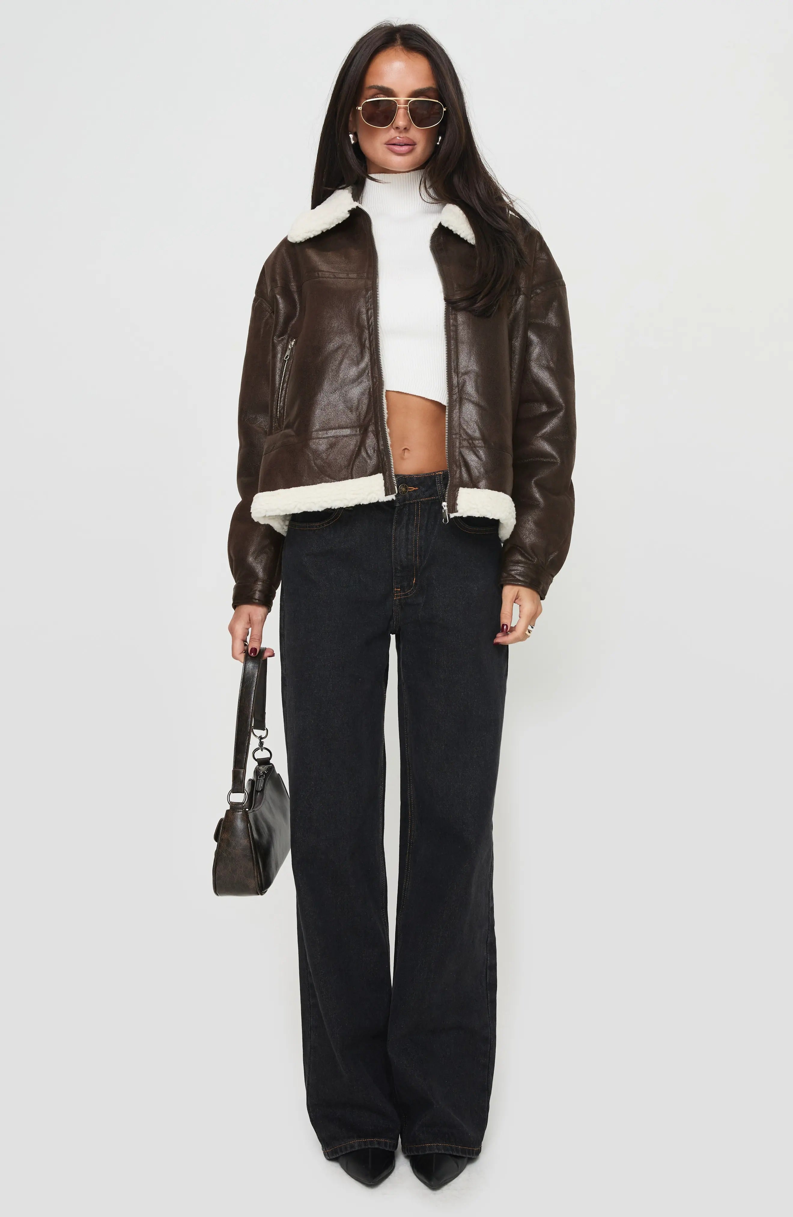 Women's Dark Brown Solara Faux Shearling Leather Jacket