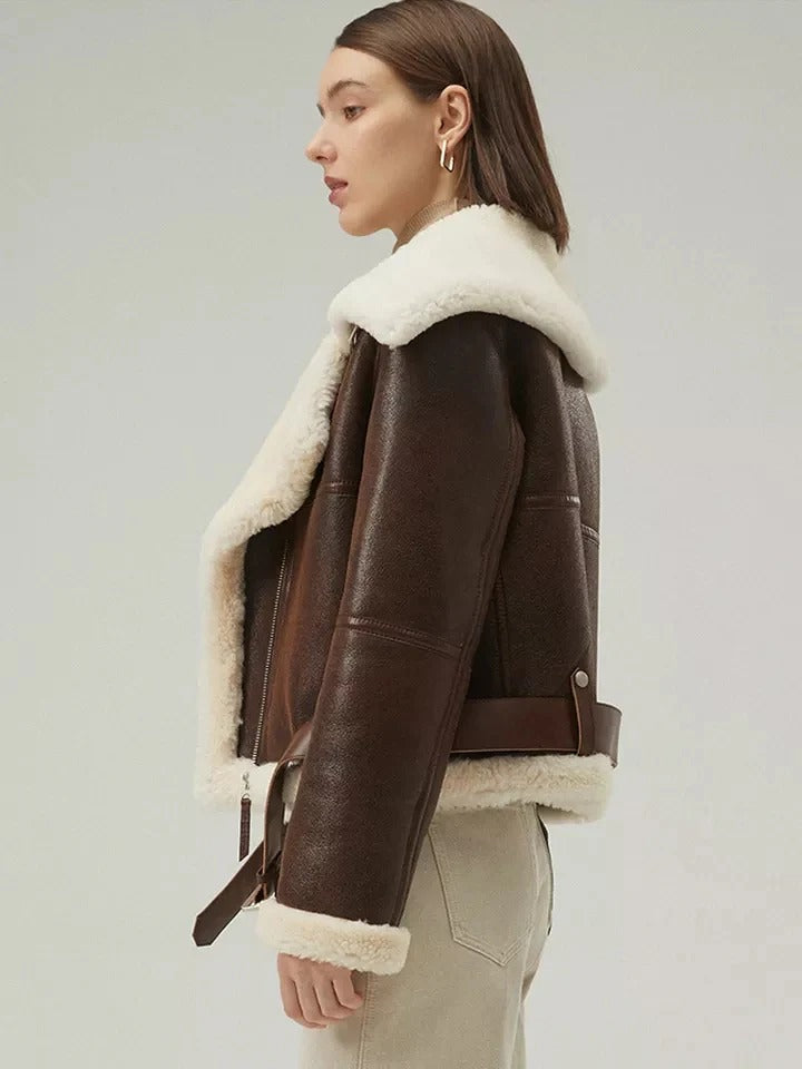 Women’s Dark Brown Zipped Shearling Leather Jacket