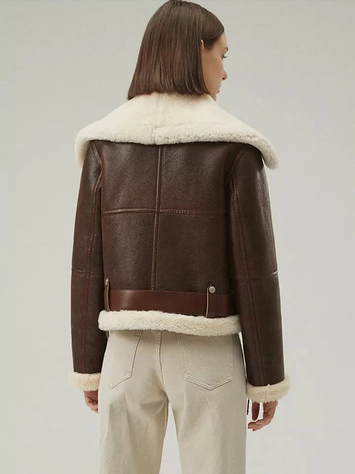 Women’s Dark Brown Zipped Shearling Leather Jacket