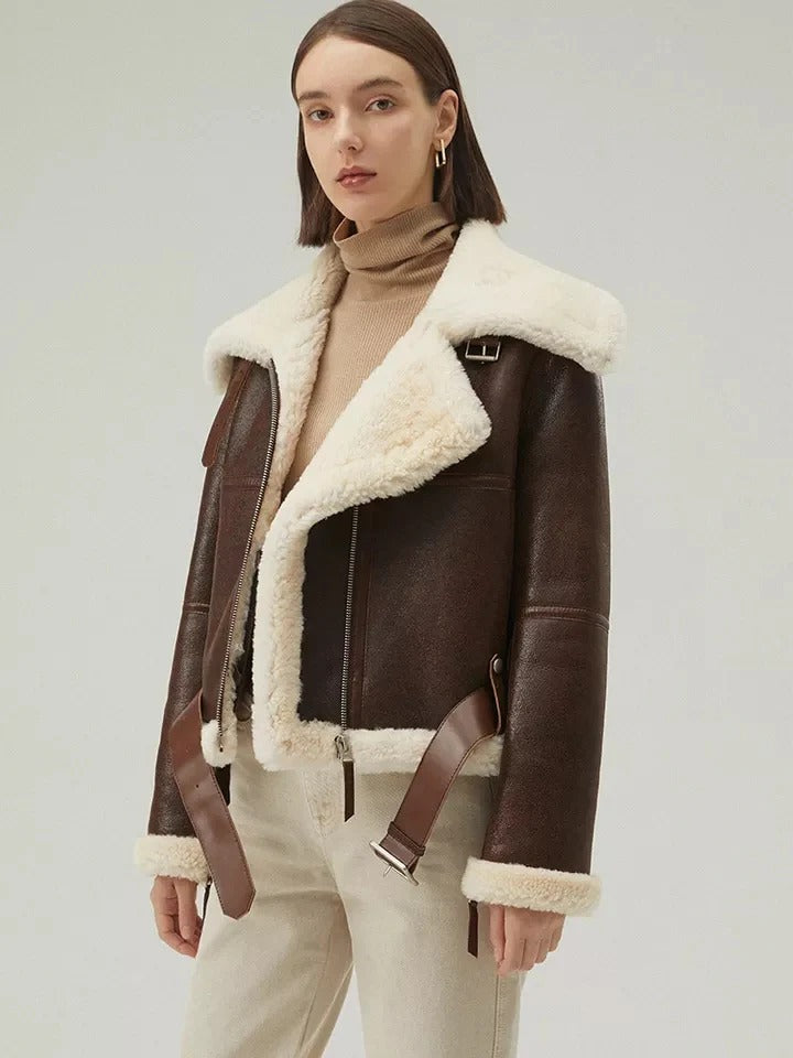 Women’s Dark Brown Zipped Shearling Leather Jacket