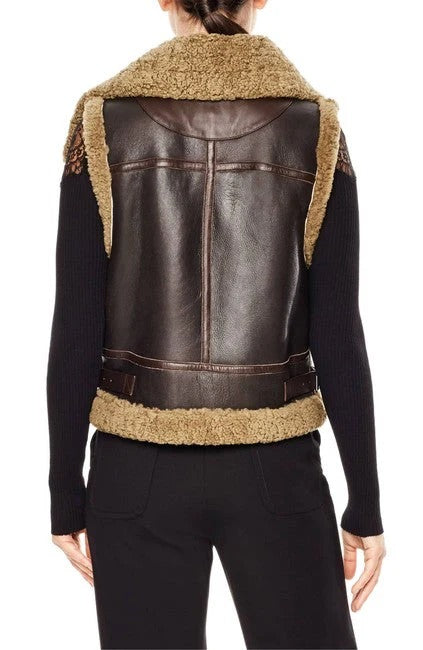 Women’s Dark Brown long Collared Leather Shearling Vest