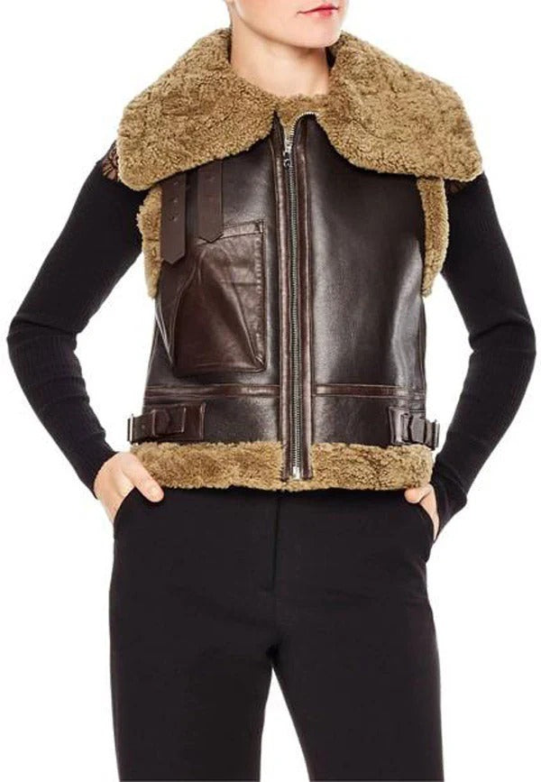Women’s Dark Brown long Collared Leather Shearling Vest