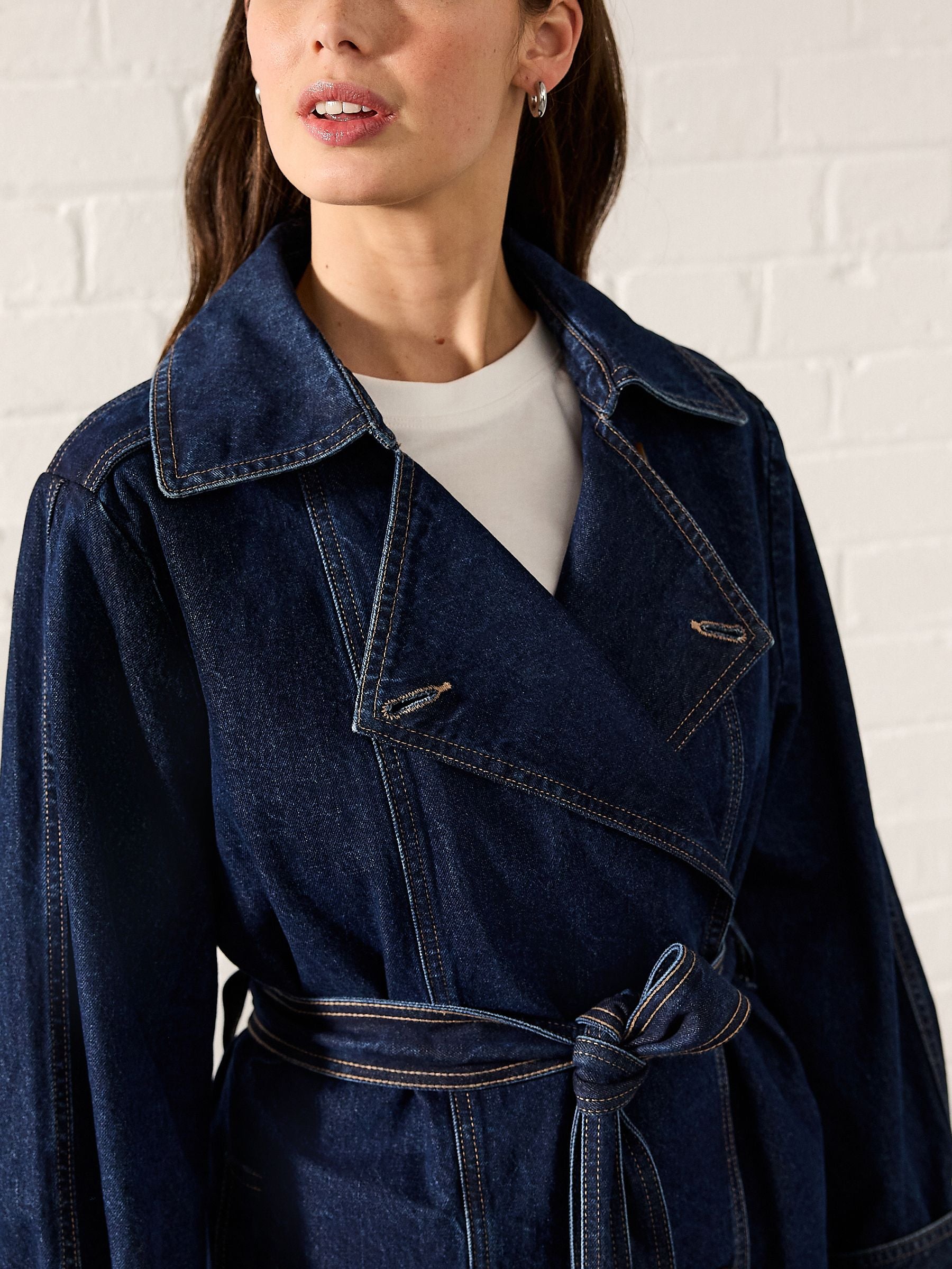 Women's Double Breasted 100% Cotton Denim Trench Coat