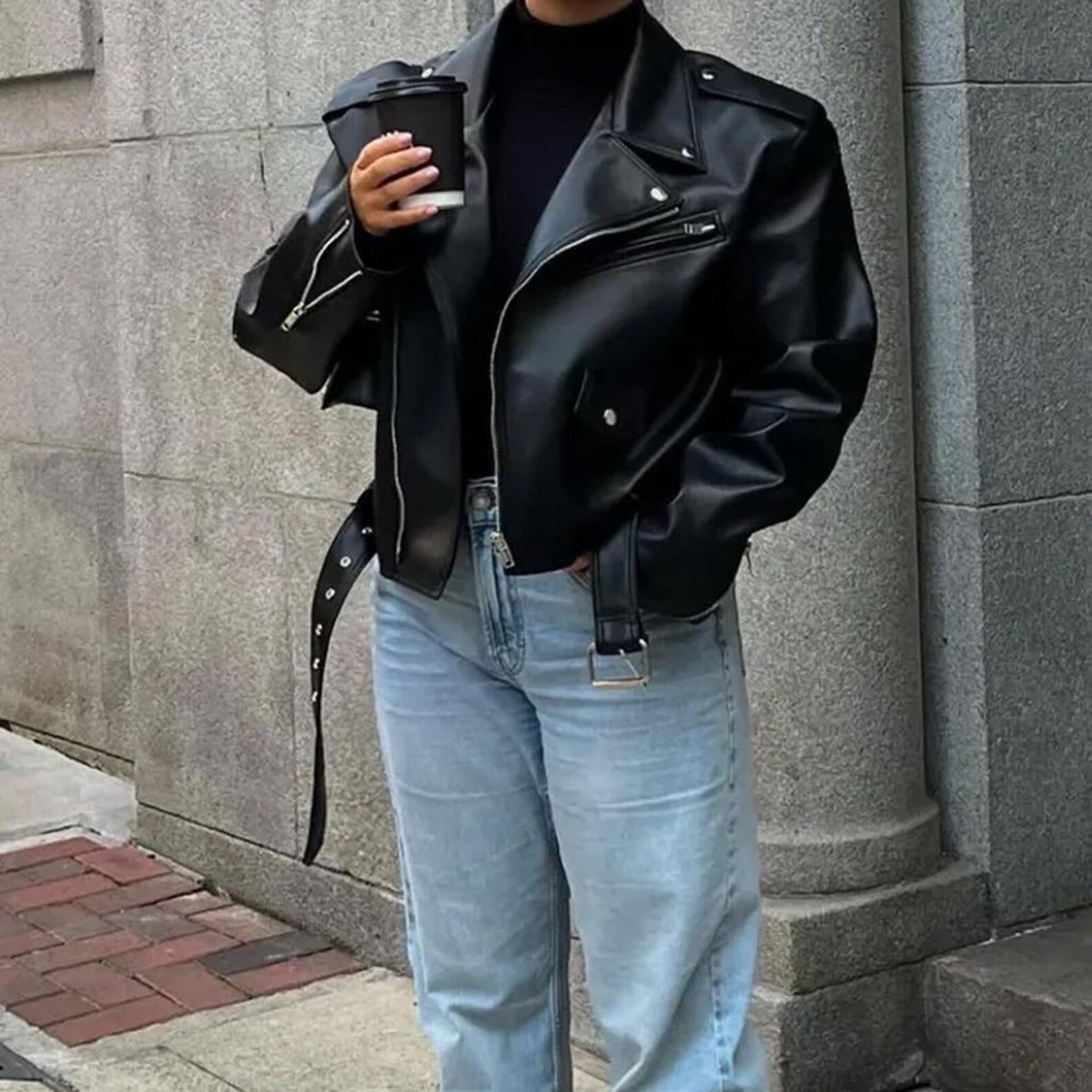 Women's Dropped Shoulders Oversized Leather Jacket