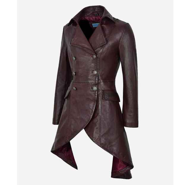 Women's EDWARDIAN Flared Bottom Victorian Style Leather Trench Coat