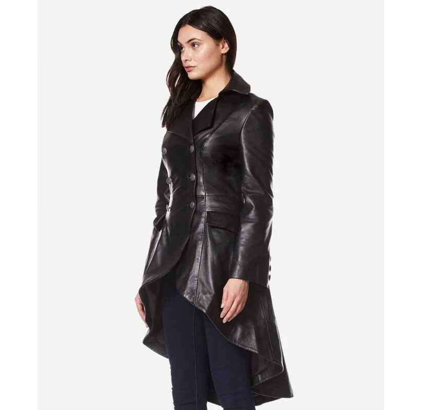 Women's EDWARDIAN Laced Back Flared Bottom Leather Trench Coat