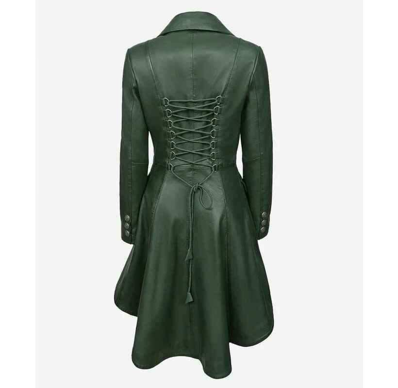 Women's EDWARDIAN Laced Back Flared Bottom Leather Trench Coat