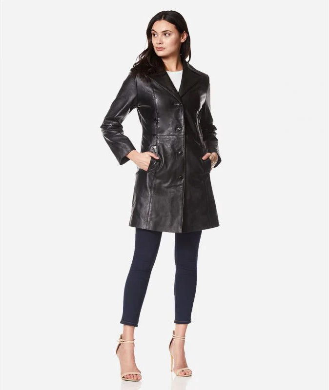Women's ELEGANT Classic Leather 3/4 Short Trench Coat