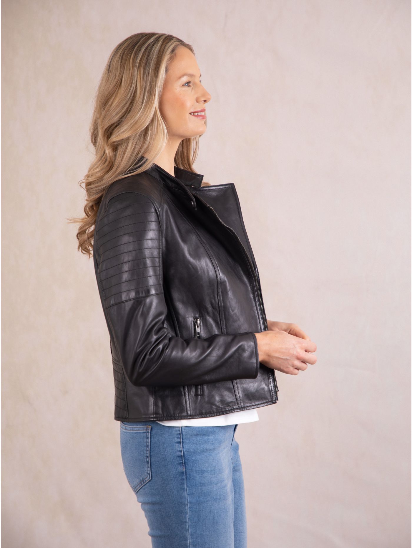 Women's Easy Fit Stud Collar Leather Biker Jacket