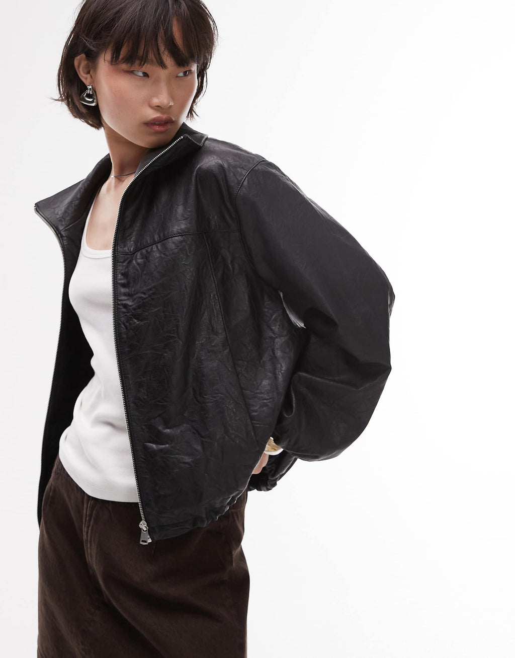 Women's Elasticated Cuffs and Hem Bomber Soft Leather Jacket