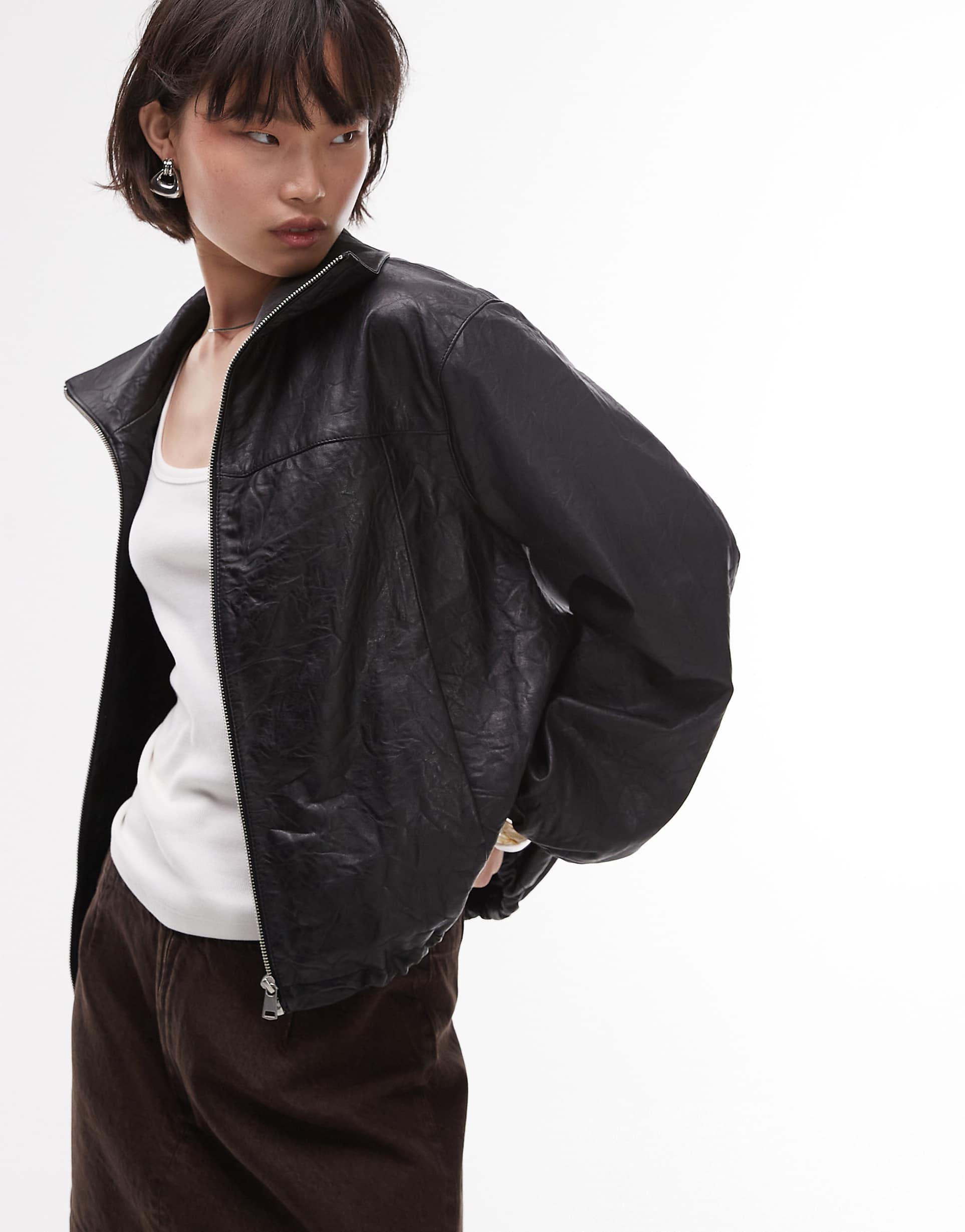 Women's Elasticated Cuffs and Hem Bomber Soft Leather Jacket