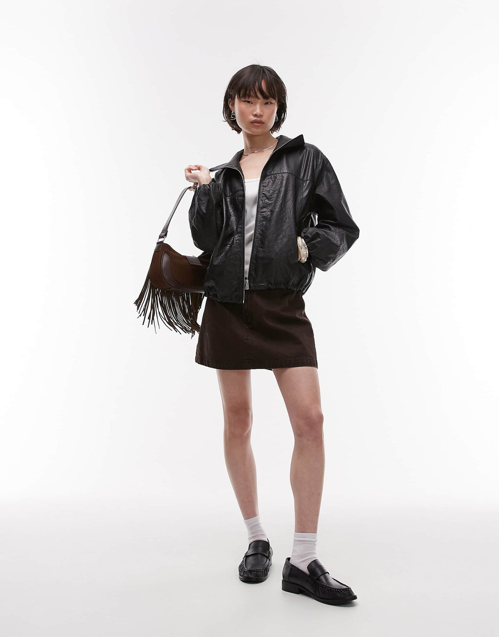 Women's Elasticated Cuffs and Hem Bomber Soft Leather Jacket