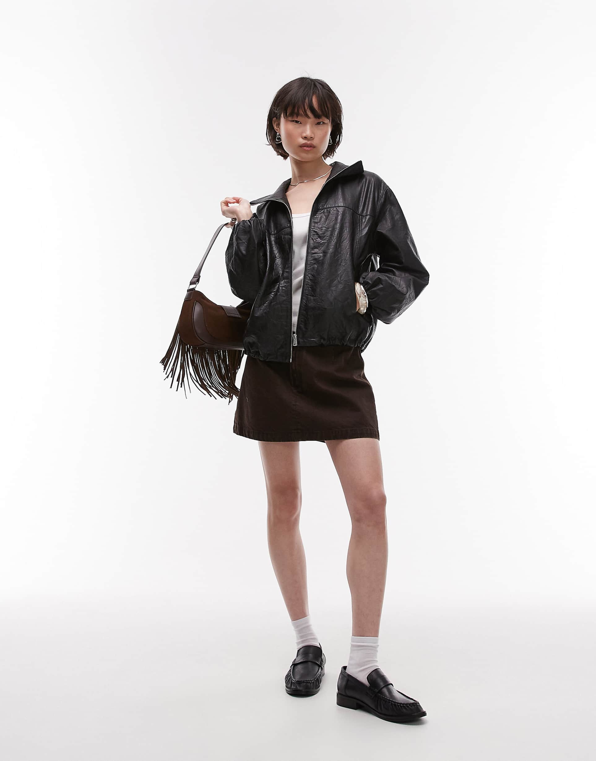 Women's Elasticated Cuffs and Hem Bomber Soft Leather Jacket