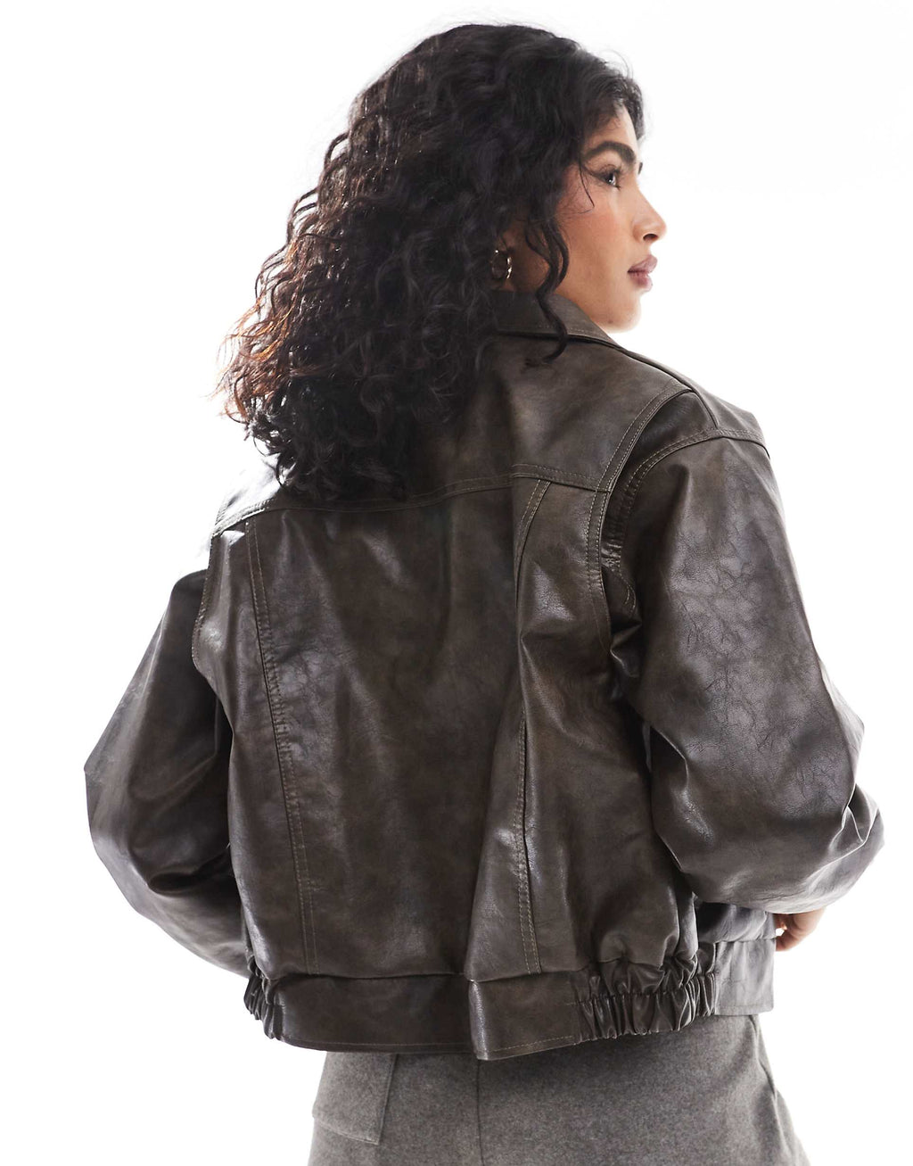 Women's Elasticated Cuffs and Hem Leather Oversized Bomber Jacket