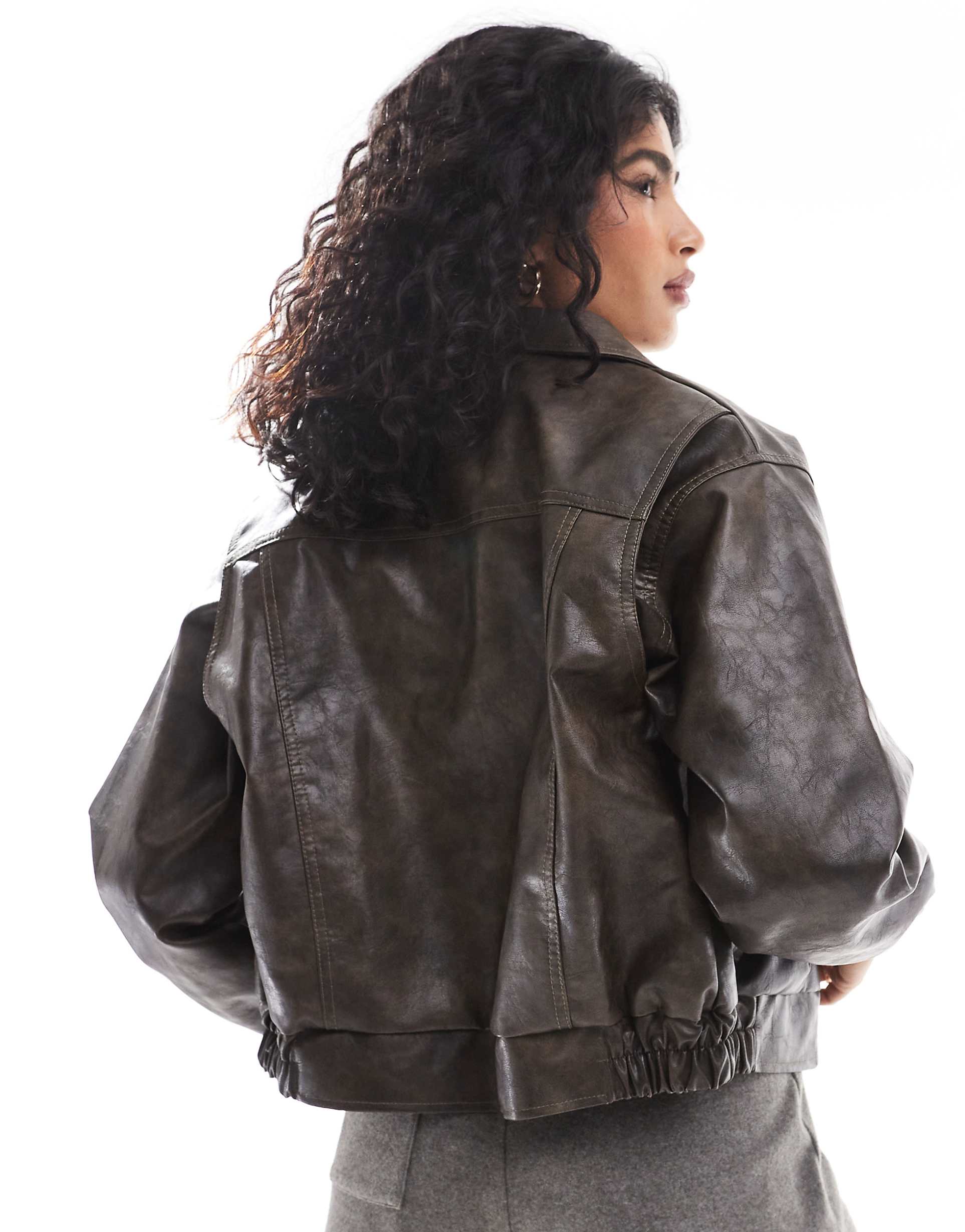 Women's Elasticated Cuffs and Hem Leather Oversized Bomber Jacket