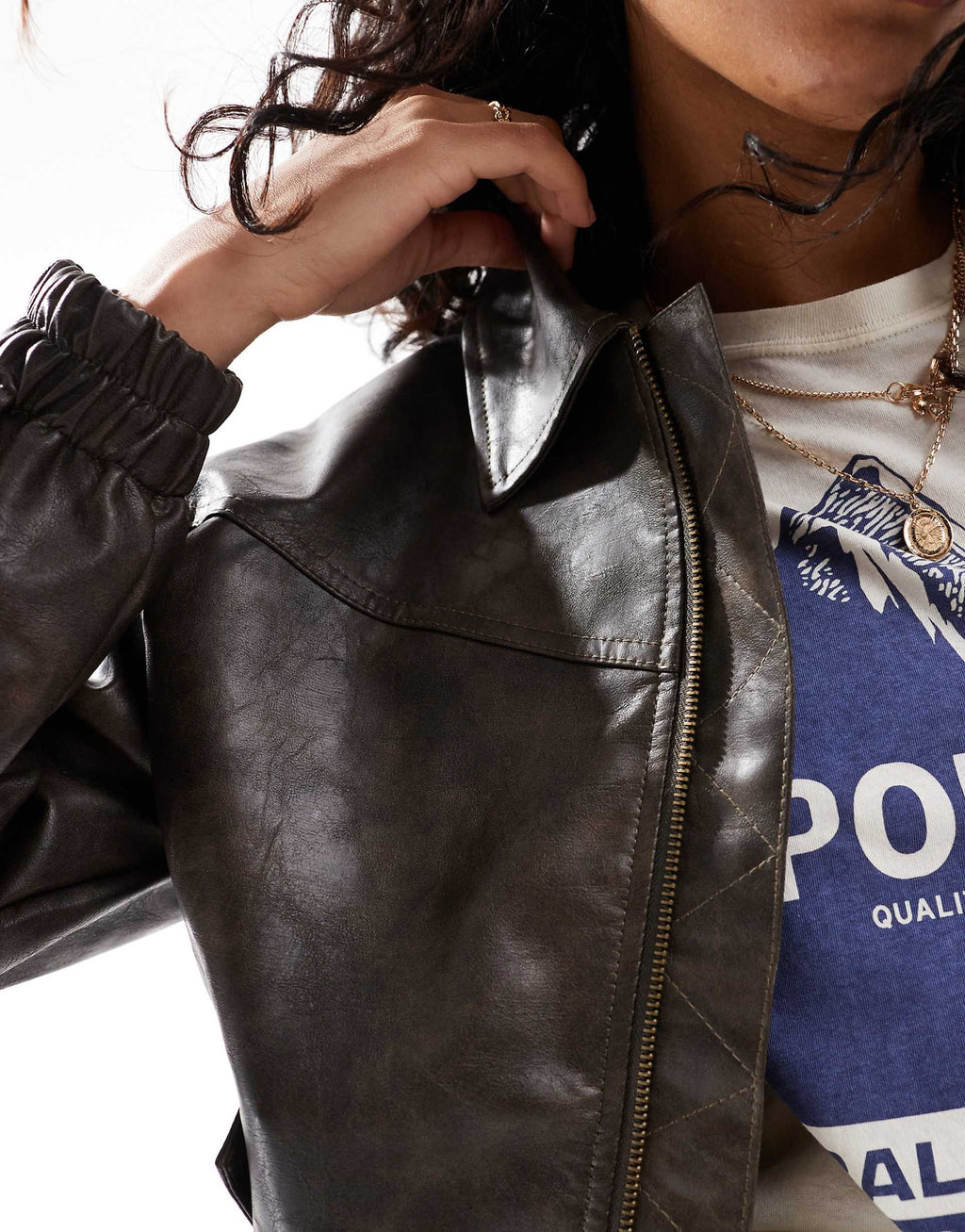 Women's Elasticated Cuffs and Hem Leather Oversized Bomber Jacket