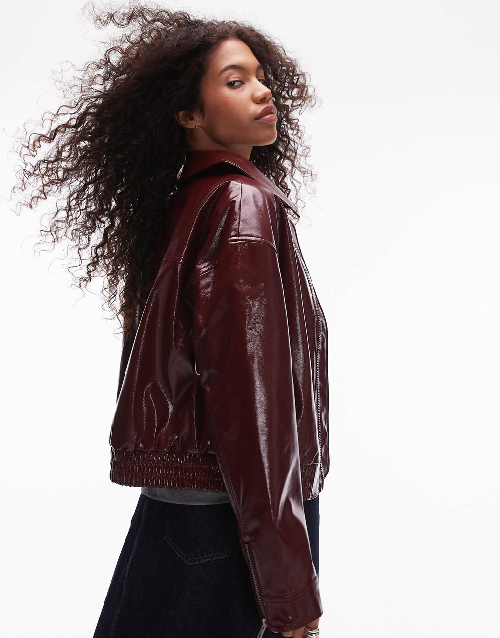 Women's Elasticated Hem Bomber Leather Jacket