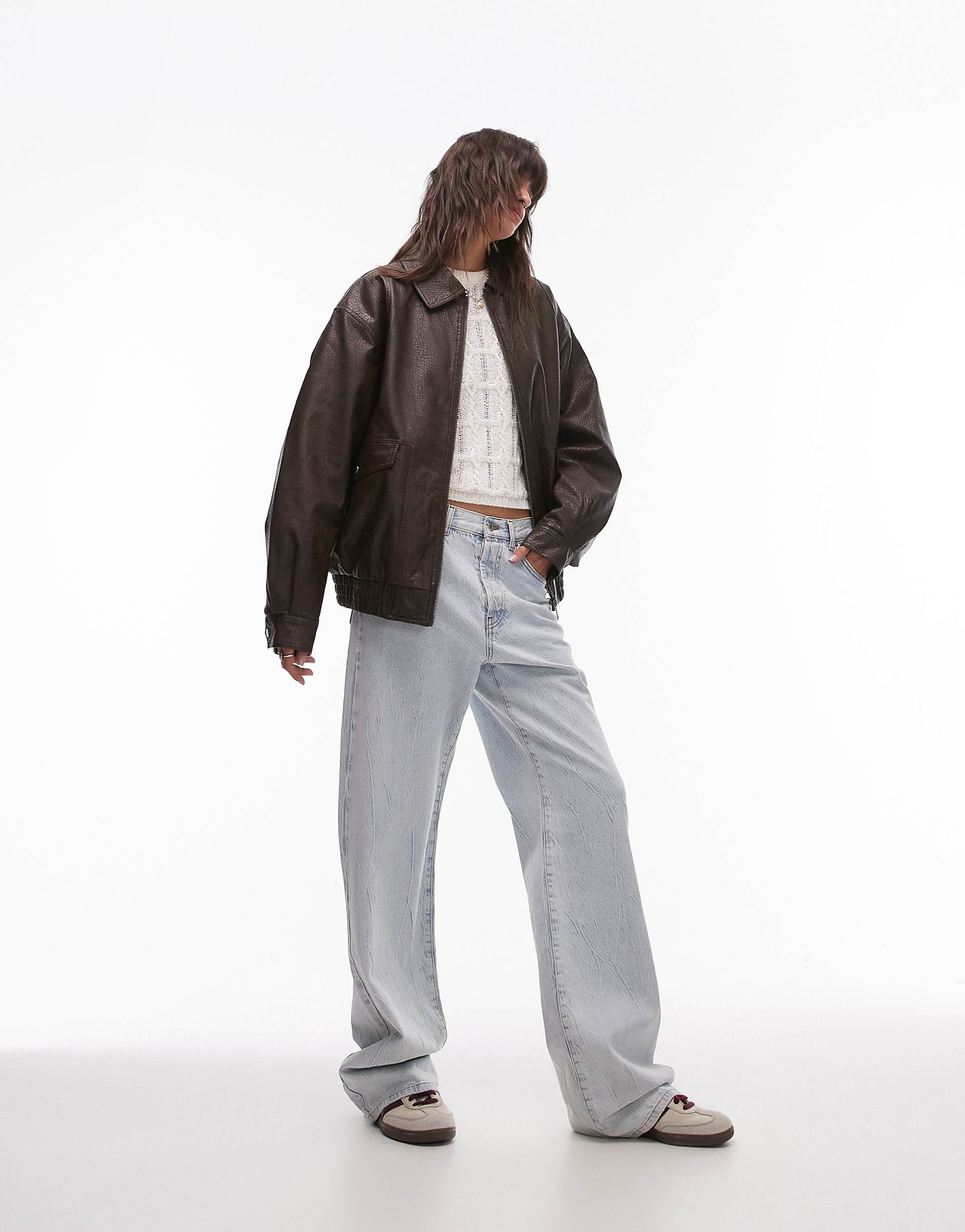 Women's Elasticated Hem Oversized Spread Collar Bomber Faux Leather Jacket