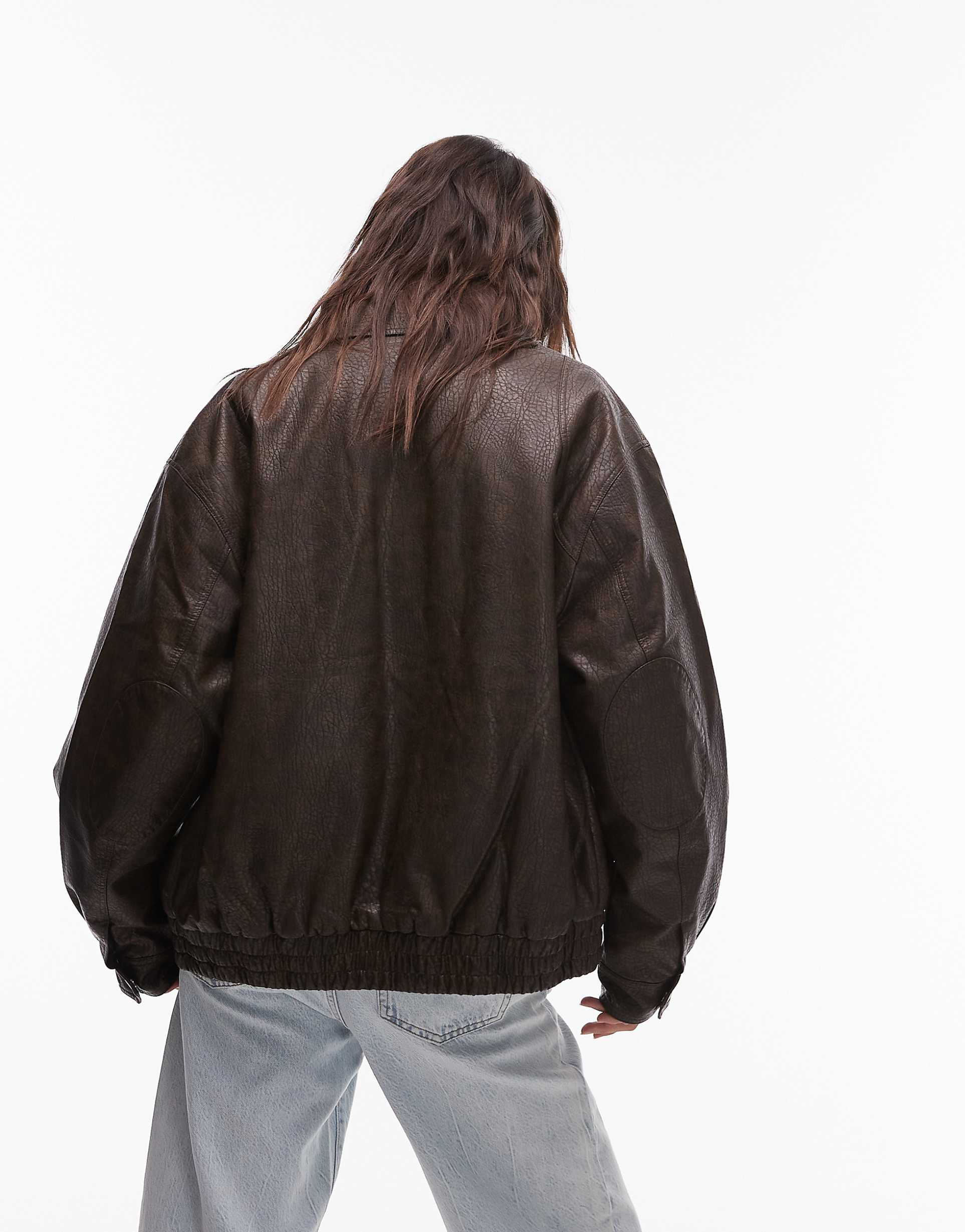 Women's Elasticated Hem Oversized Spread Collar Bomber Faux Leather Jacket