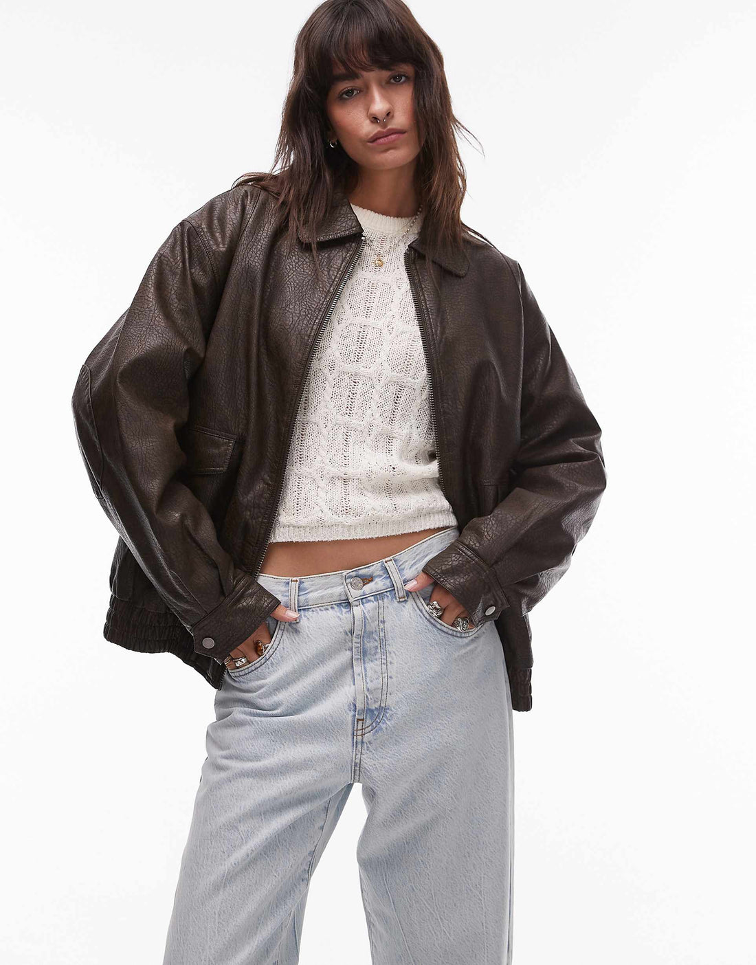 Women's Elasticated Hem Oversized Spread Collar Bomber Faux Leather Jacket