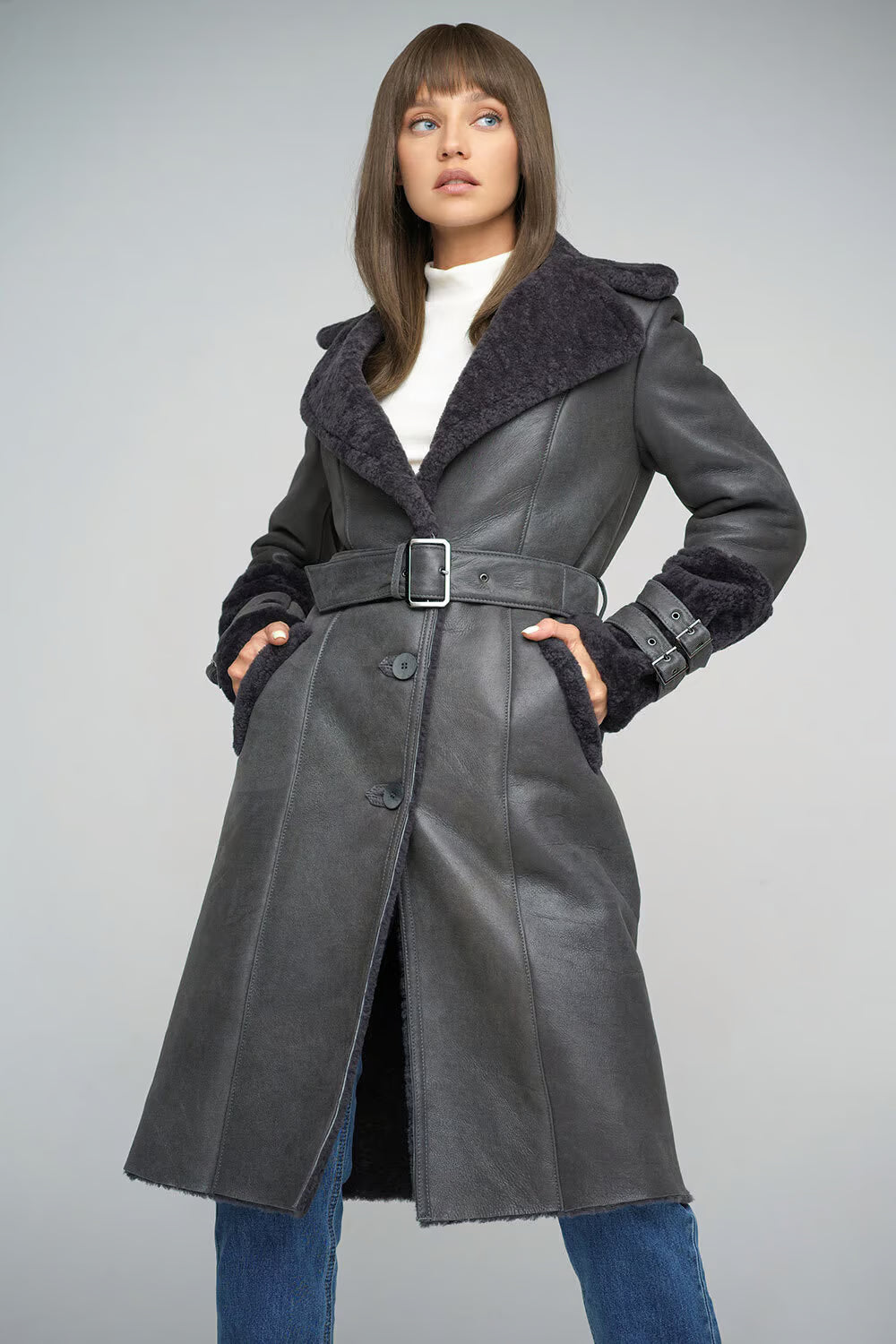 Women's Elegant Fox Fur & Shearling Leather Coat